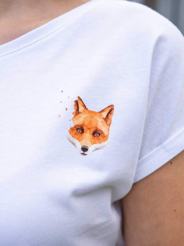 Damen T-Shirt GOTS Kurzarm gekrempelt Weiß Geometrischer Fuchs klein Gr XS-XL