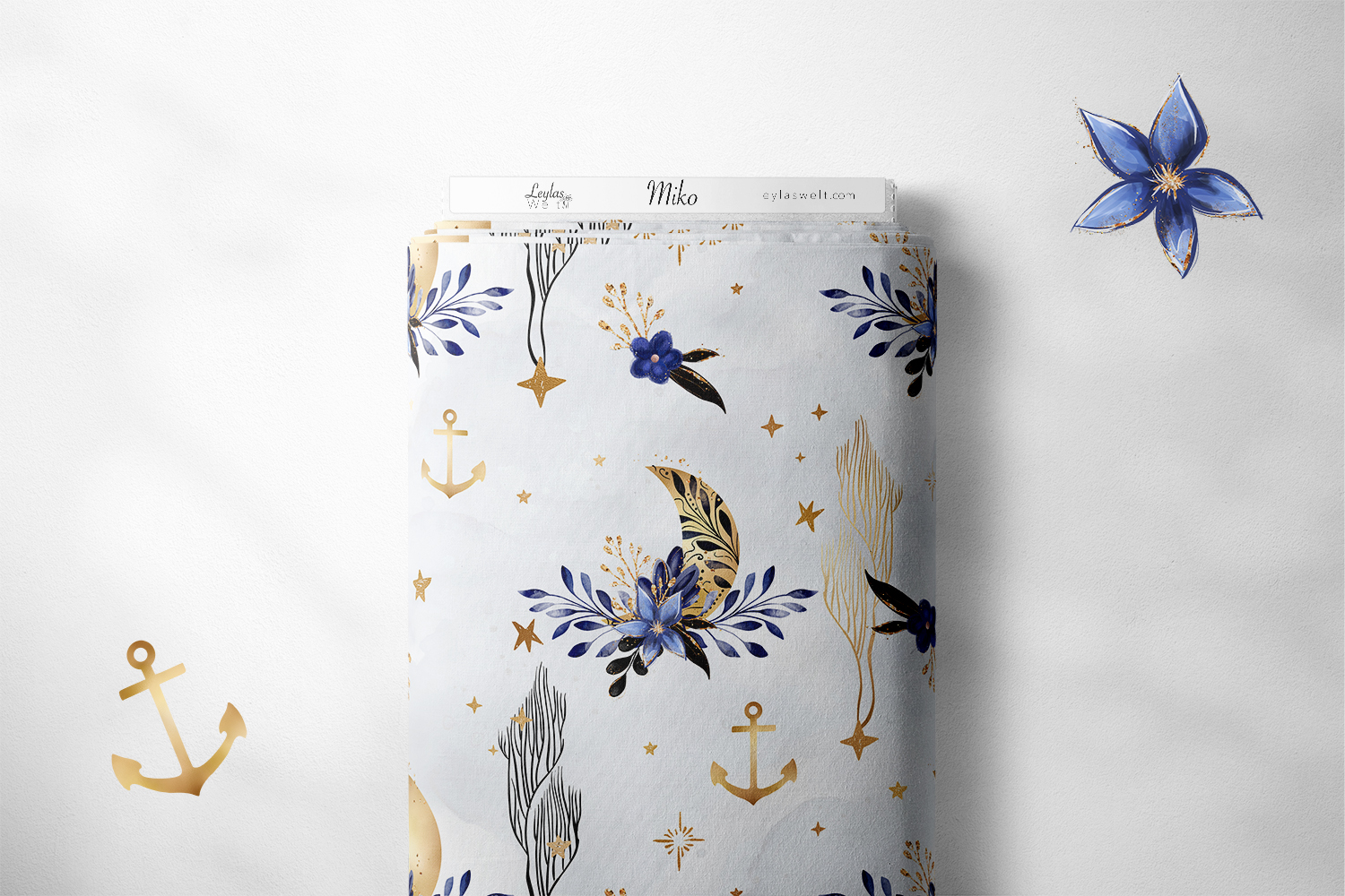 Bio Baumwoll Jersey Stoff  GOTS Miko Mond Anker Blumen Weiß Gold Blau 150 cm WB Eigenproduktion