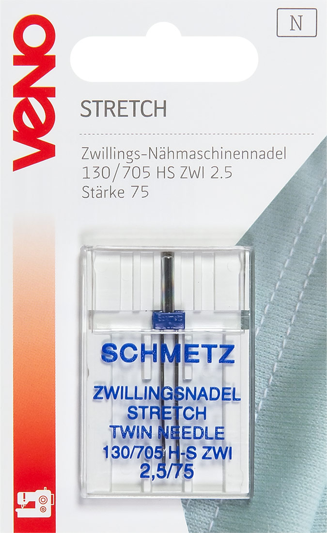 Schmetz Zwillings-Nähmachinennadel Stretch 130/705 HS ZWI 2.5 Stärke 75 Flachkobeln