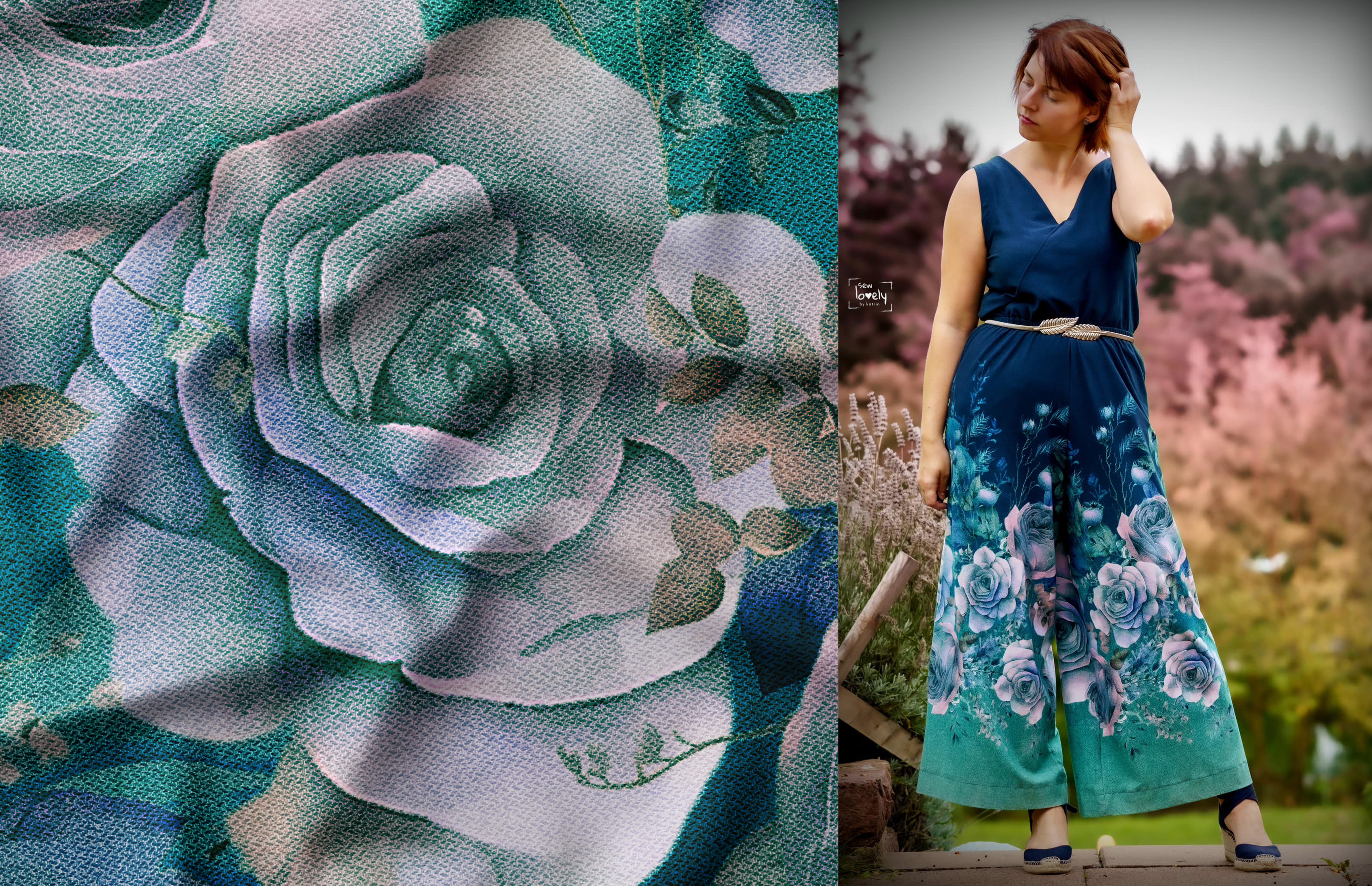 Baumwoll Jersey Stoff Julina Bordüre Rosen Blumen Farbverlauf Blau Pink 160 cm WB Eigenproduktion