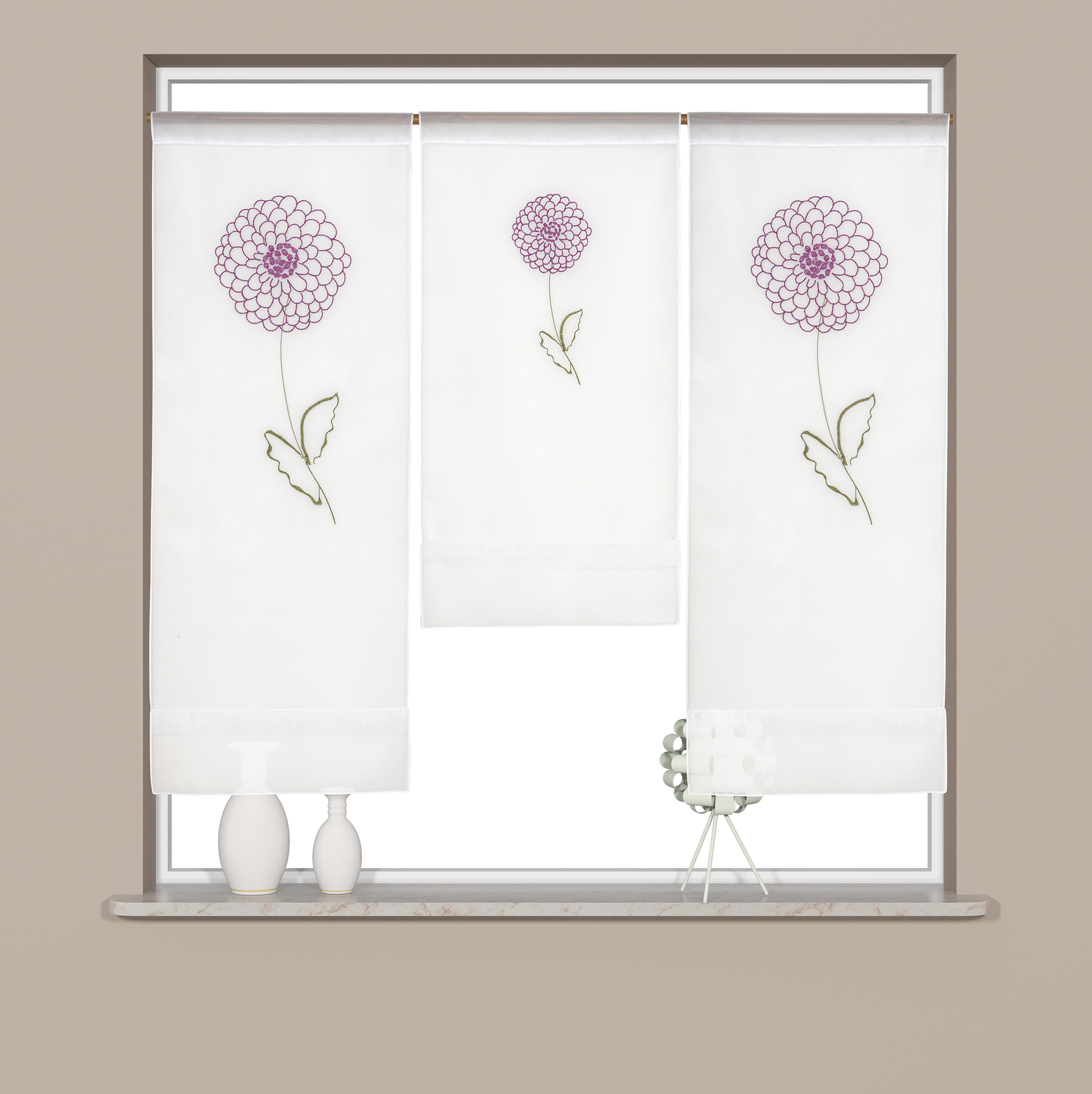 Scheibengardine modern 3er Set Mini Flächenvorhang Stickerei Blume Pink Weiß Voile 4043 80x90 cm