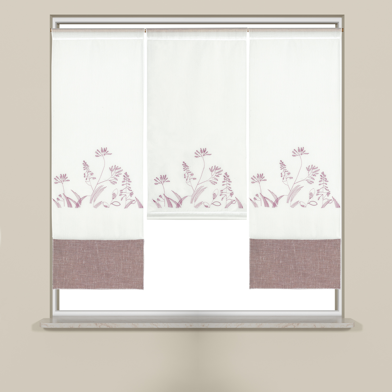 Scheibengardine modern 3er Set Mini Flächenvorhang Stickerei Blumenwiese Altrosa Weiß 4044 80x90 cm