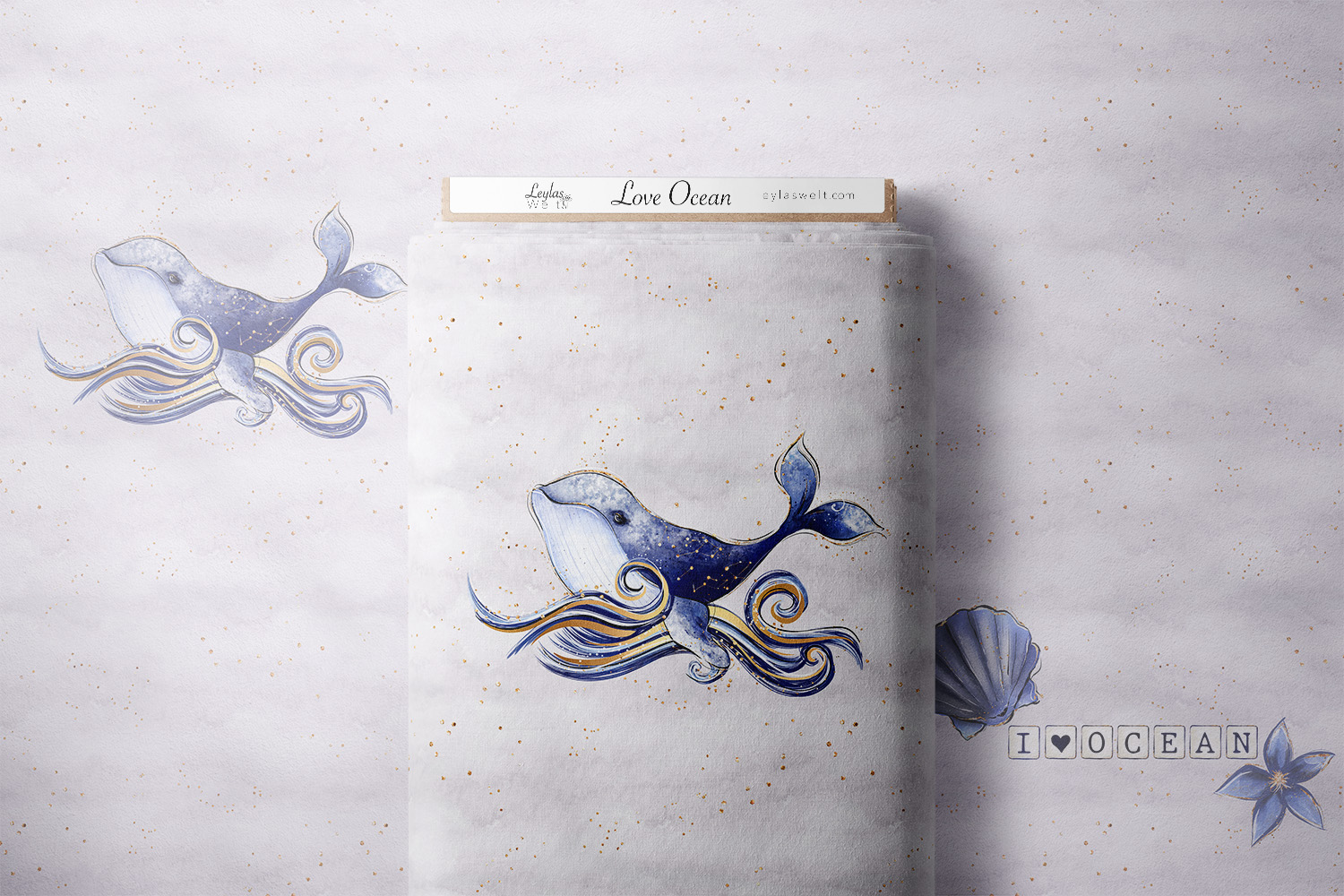 Bio French Terry Baumwolle Stoff GOTS Love Ocean Panel Flieder Gold Blau 150 WB Eigenproduktion