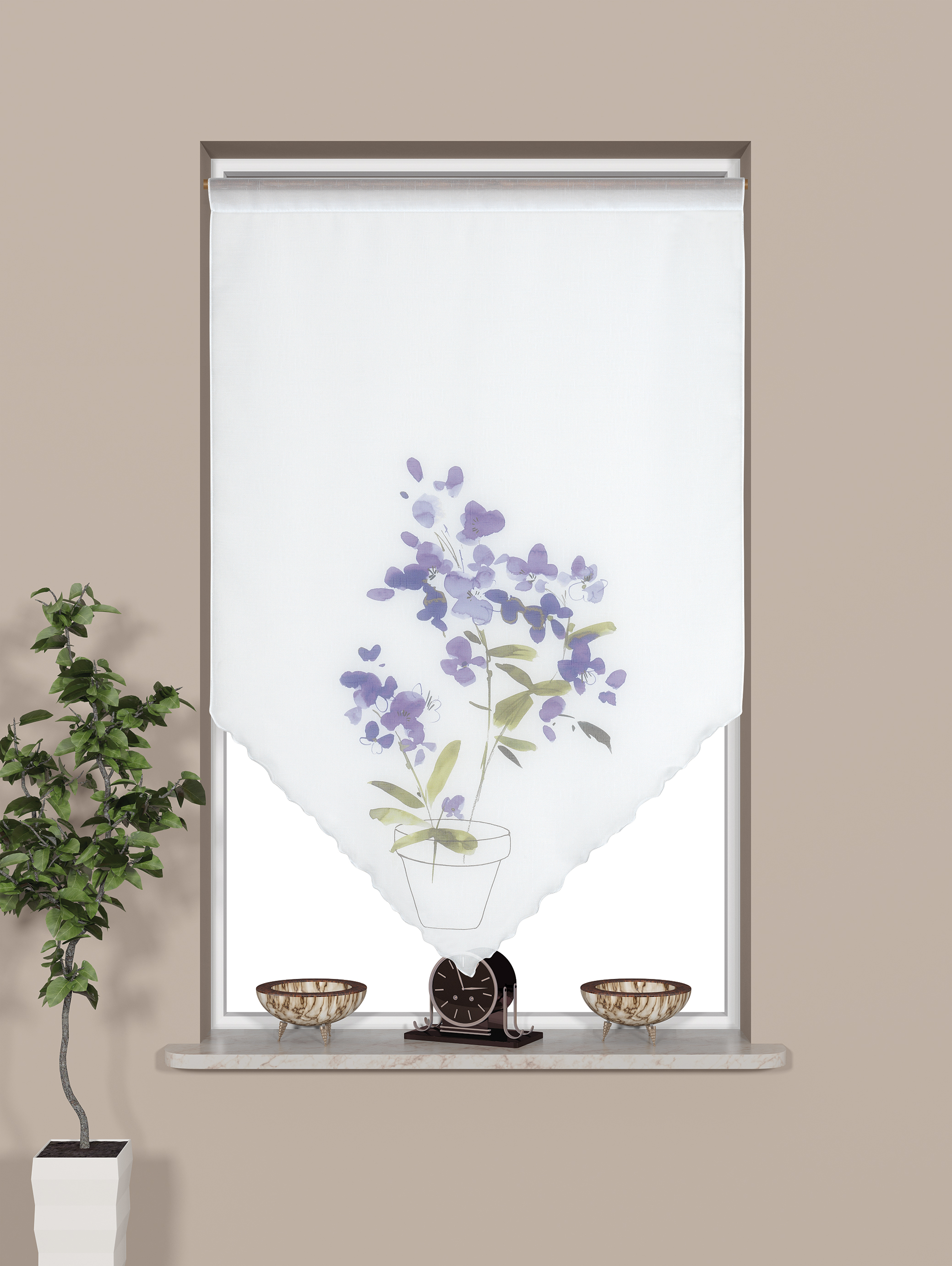 Scheibengardine Lila Weiß 4052 01 60x90 cm Stangendurchzug halbtransparent Blume