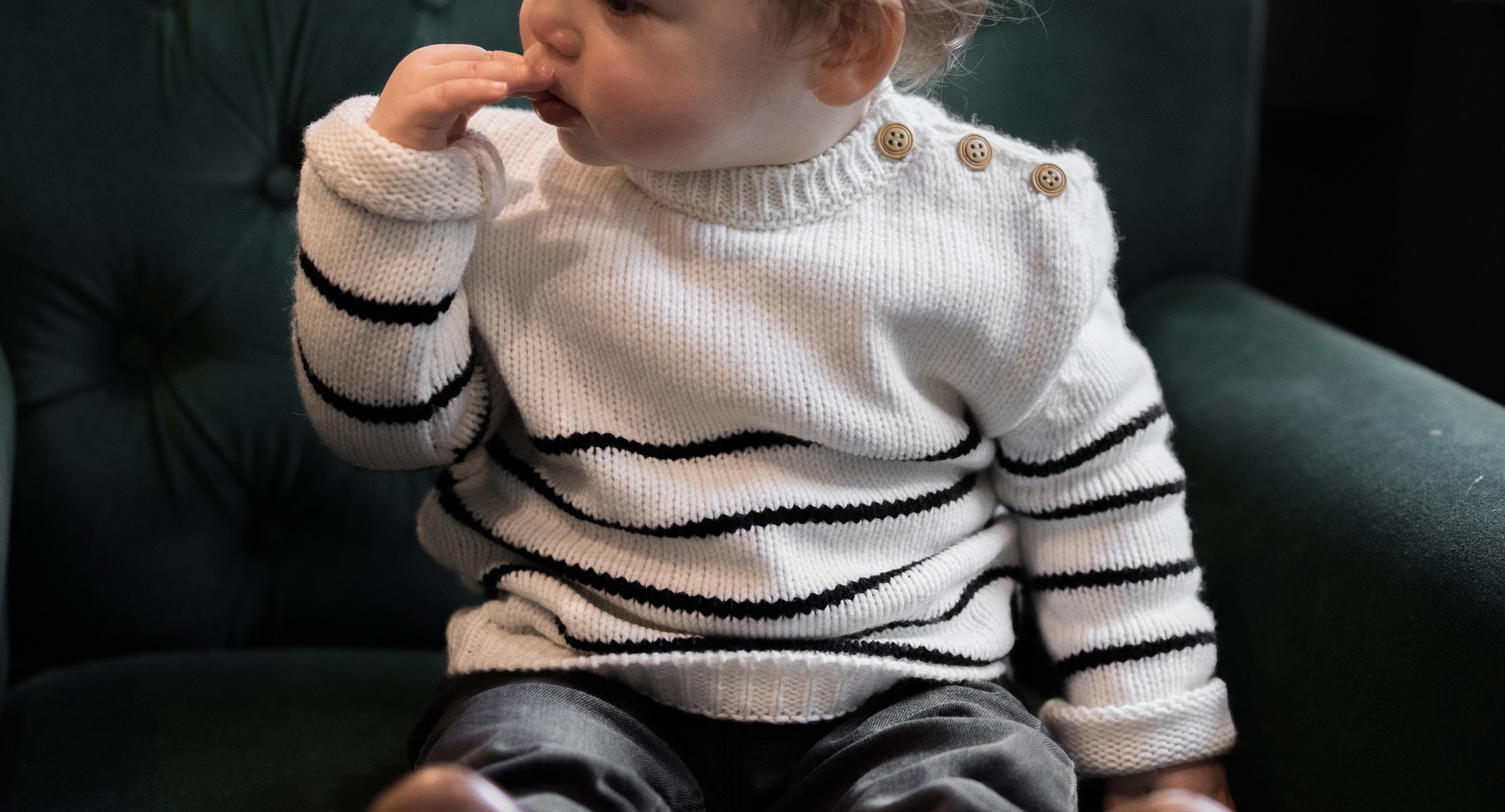 Baby Seemanns-Pullover - La Mèrinière Babypullover Wolle Streifen Wollweiß schwarz
