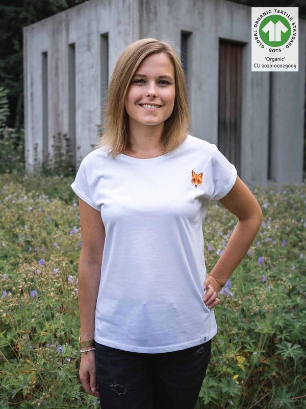 Damen T-Shirt GOTS Kurzarm gekrempelt Weiß Geometrischer Fuchs klein Gr XS-XL
