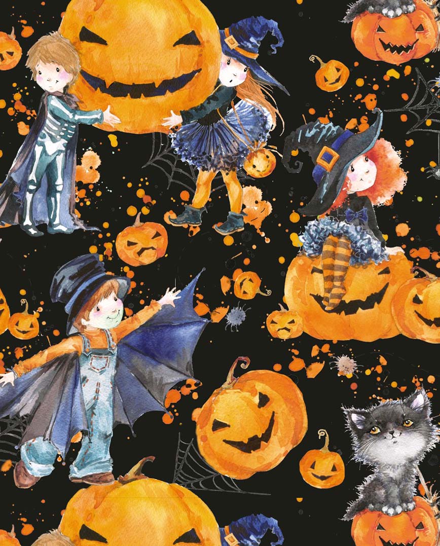 Baumwoll Jersey Stoff Meterware Elastisch Halloween Kids Gespenster Fledermäuse Bunt 150 cm WB