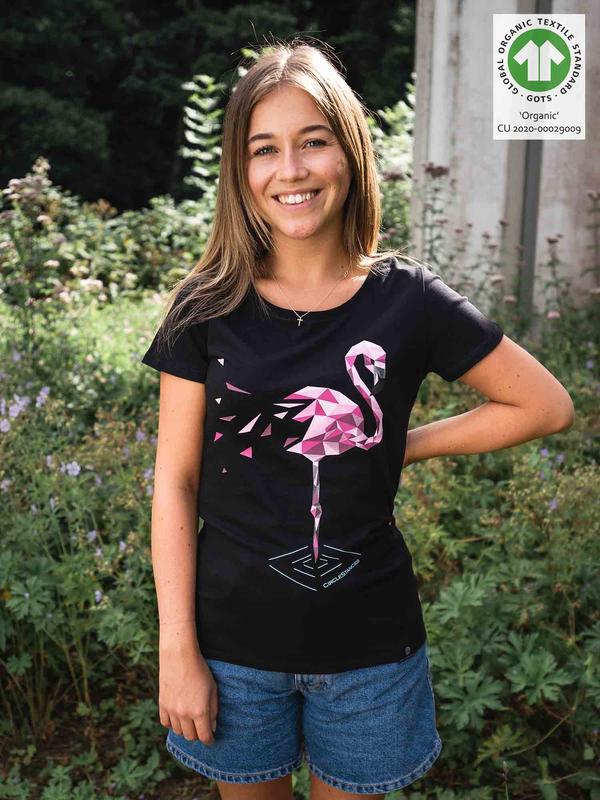 Damen T-Shirt GOTS Kurzarm Schwarz Geometrischer Flamingo Gr XS-XL