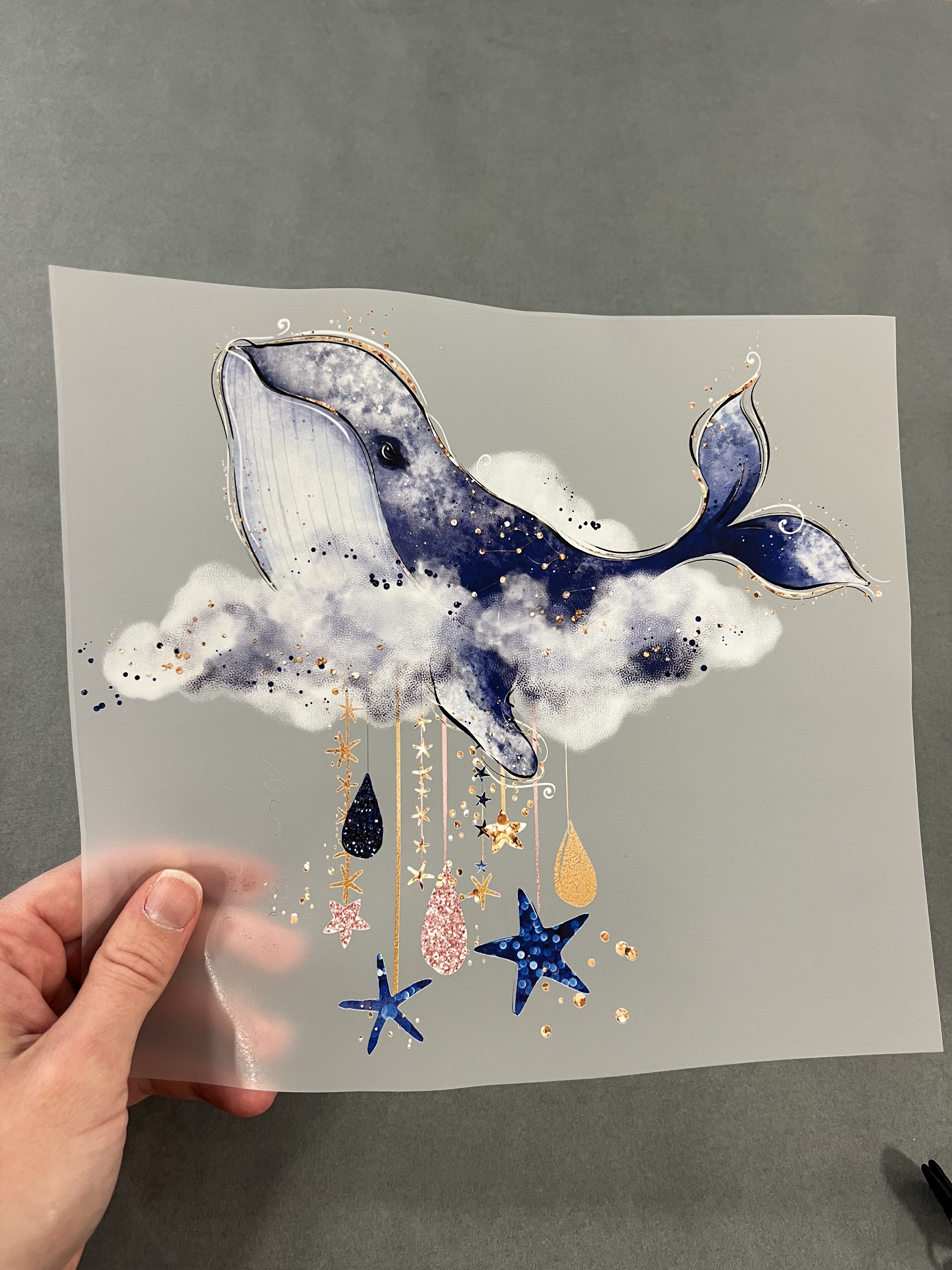 Bügelbild Love Ocean Wal auf Wolken Rosa Blau Gold ca 22,5x20 cm