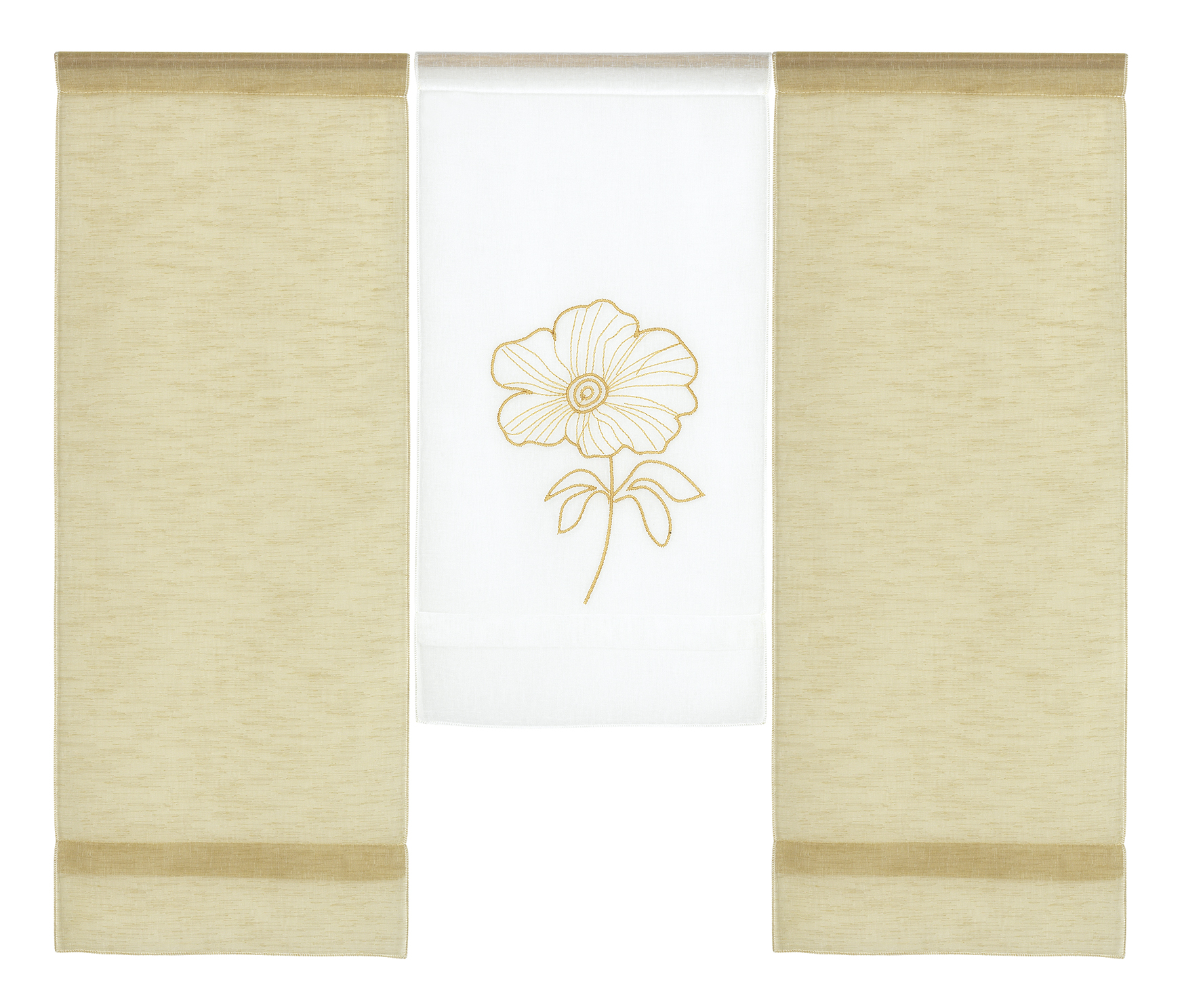 Scheibengardine modern 3er Set Mini Flächenvorhang Stickerei Blume Senfgelb Weiß Leinenoptik 4042 80x90 cm 