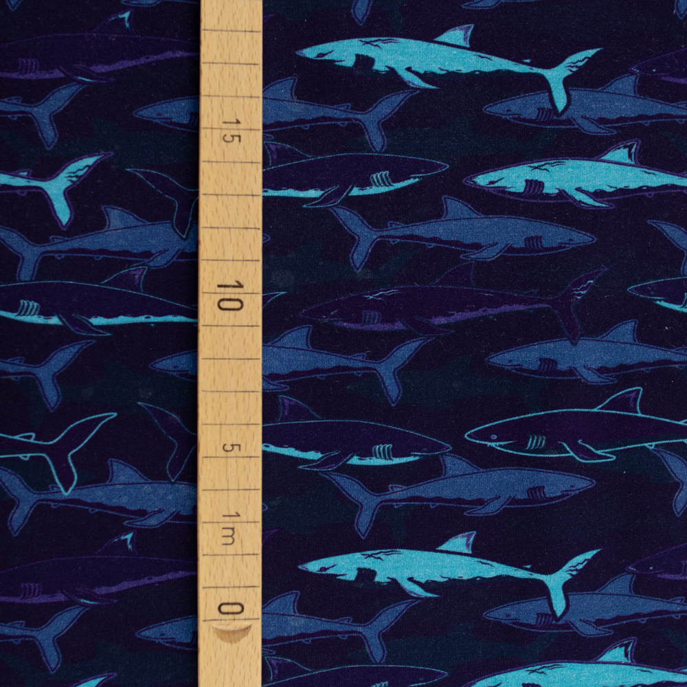 Baumwoll Jersey Stoff Meterware Elastisch Shark Haie Navy Dunkelblau 150 cm WB