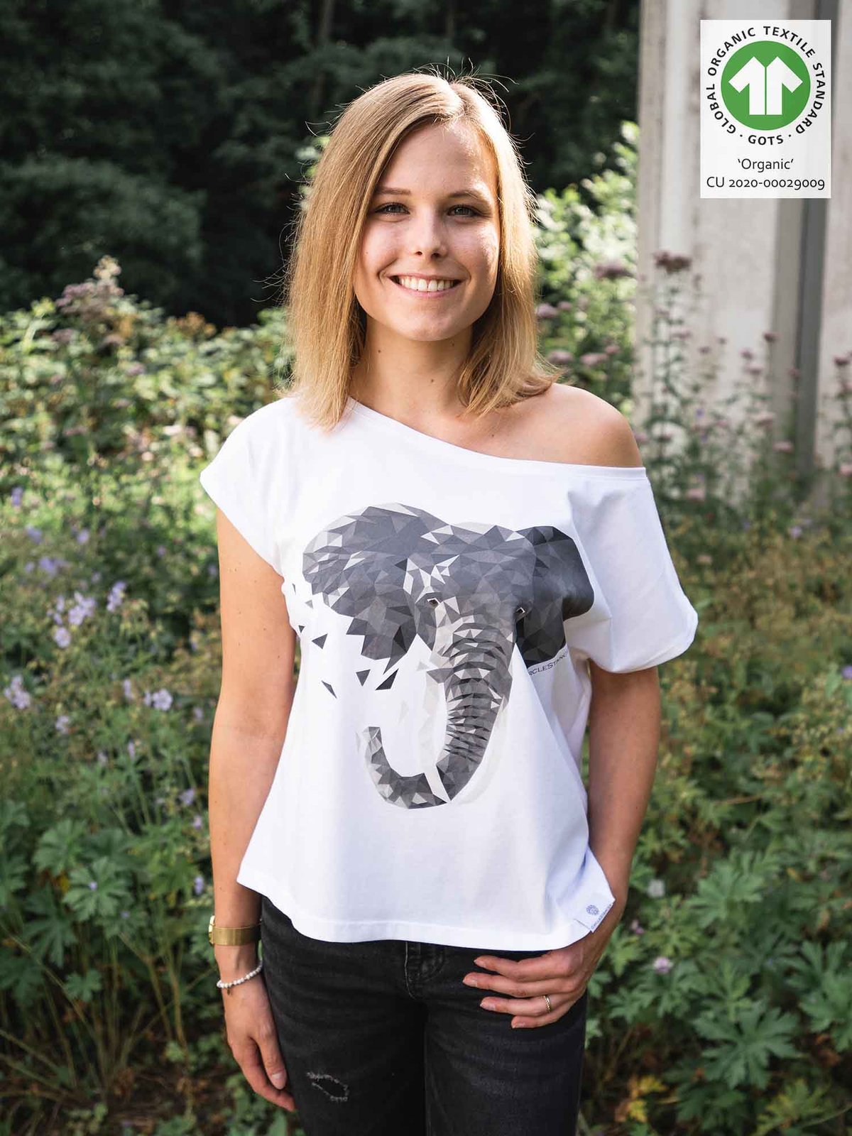 Damen T-Shirt mit XL Rundhalsausschnitt Weiß Grau Geometrischer Elefant Gr XS-XL